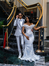 Elegant Off-The-Shoulder Short Sleeves Mermaid Prom Dresses Floor Length With Gem-Ballbella