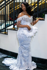 Elegant Off-The-Shoulder Short Sleeves Mermaid Prom Dresses Floor Length With Gem-Ballbella