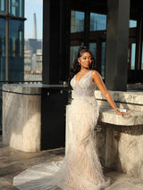 Elegant Straps V-Neck Sleeveless Mermaid Prom Dresses Beads With Feather-Ballbella