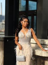 Elegant Straps V-Neck Sleeveless Mermaid Prom Dresses Beads With Feather-Ballbella