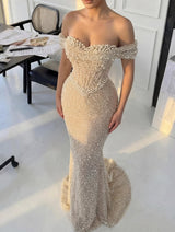 Elegant Sweetheart Off-the-shoulder Pleats Mermaid Court Train Prom Dresses-Ballbella