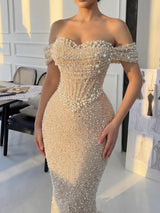 Elegant Sweetheart Off-the-shoulder Pleats Mermaid Court Train Prom Dresses-Ballbella