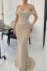Elegant Sweetheart Off-the-shoulder Pleats Mermaid Court Train Prom Dresses-Ballbella