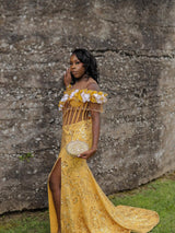 Elegant Yellow Off-The-Shoulder Short Sleeves Mermaid Prom Dresses Beads With High Split-Ballbella