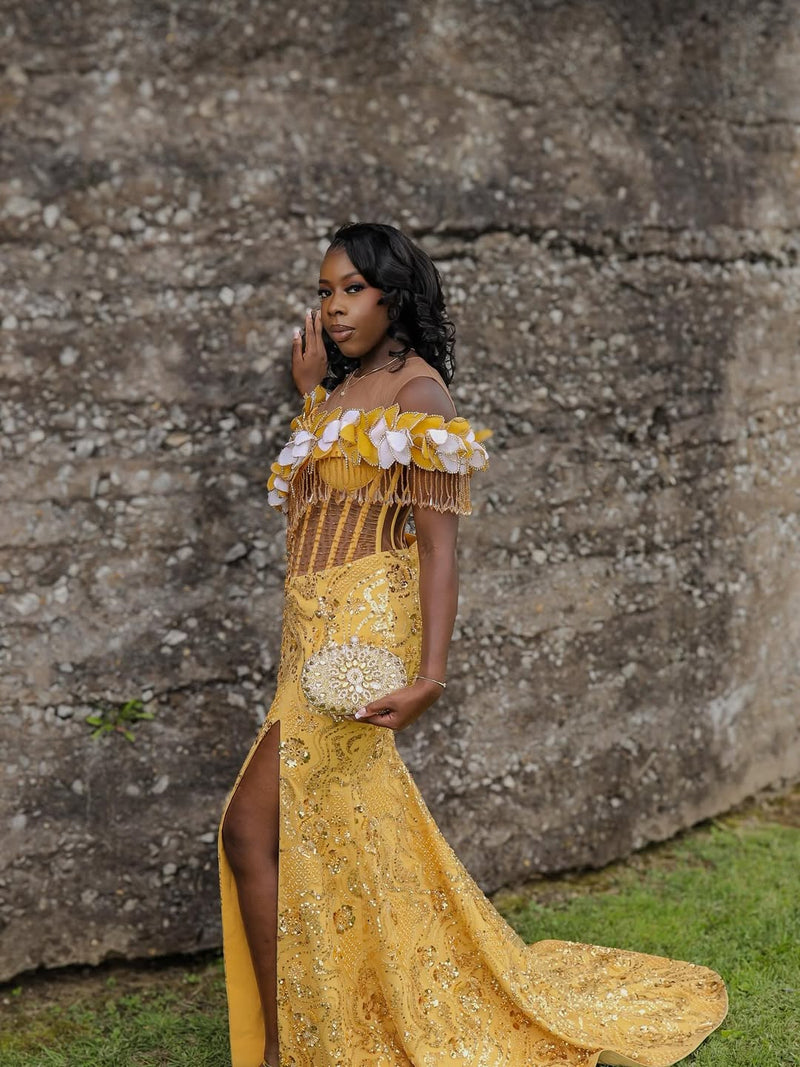 yellow elegant prom dresses Off-The-Shoulder Short Sleeves Mermaid Beads With High Split Best pop culture inspired All Sizes2 10/30 Size:45