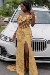 Elegant Yellow Off-The-Shoulder Short Sleeves Mermaid Prom Dresses Beads With High Split-Ballbella