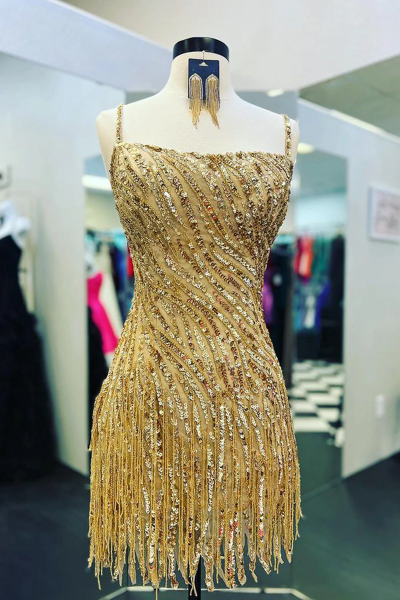 Gold Sparkle Tassels Lace-up Back Short Homecoming Dresses