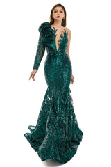 V-Neck One-Shoulder Mermaid Illusion Sequins Evening Dress