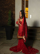 Glamorous Burgundy V-Neck Strapless Sleeveless Mermaid Prom Dresses Sheath Gem With High Split-Ballbella
