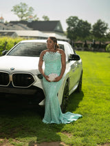 Glamorous Mint Strapless Sleeveless Mermaid Prom Dresses Column Long With Gem-Ballbella
