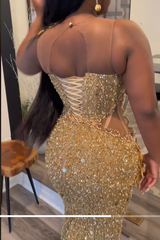 Gold Sleeveless Flowers Sequin Column Floor length Sparkle Prom Dresses