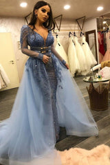 Gorgeous Long Sleeves V-Neck Lace Beaded Mermaid Prom Dresses with Over Skirt-Ballbella