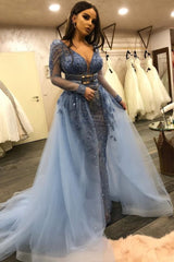 Gorgeous Long Sleeves V-Neck Lace Beaded Mermaid Prom Dresses with Over Skirt-Ballbella