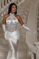 Halter Shiny Mermaid Satin Floor length Keyhole Prom Dresses-Ballbella