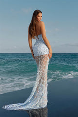 Charming Sky Blue Halter Sleeveless Mermaid Prom Dress Beads Pearl Leaf Decor With Lace-Up Back