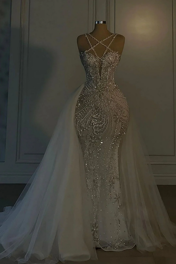 Luxurious Mermaid V-neck Spaghetti Strap Complicated Beaded Over-skirt Wedding Dresses