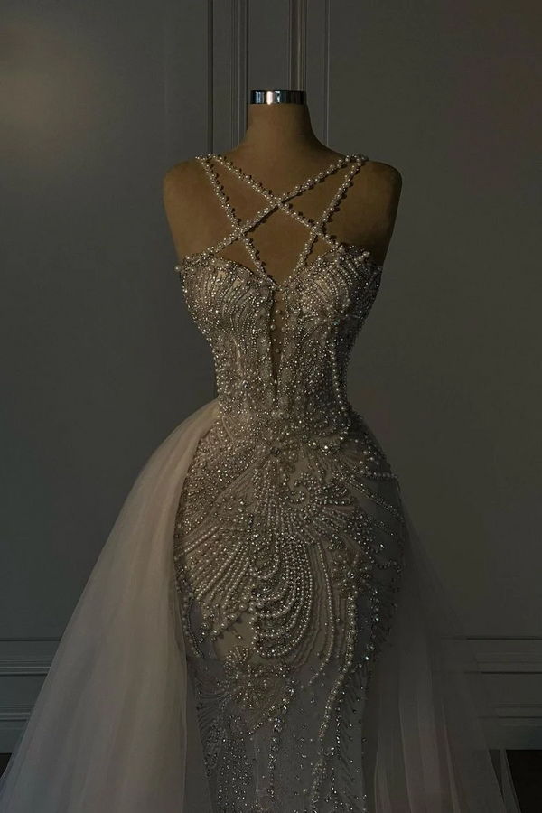 Luxurious Mermaid V-neck Spaghetti Strap Complicated Beaded Over-skirt Wedding Dresses