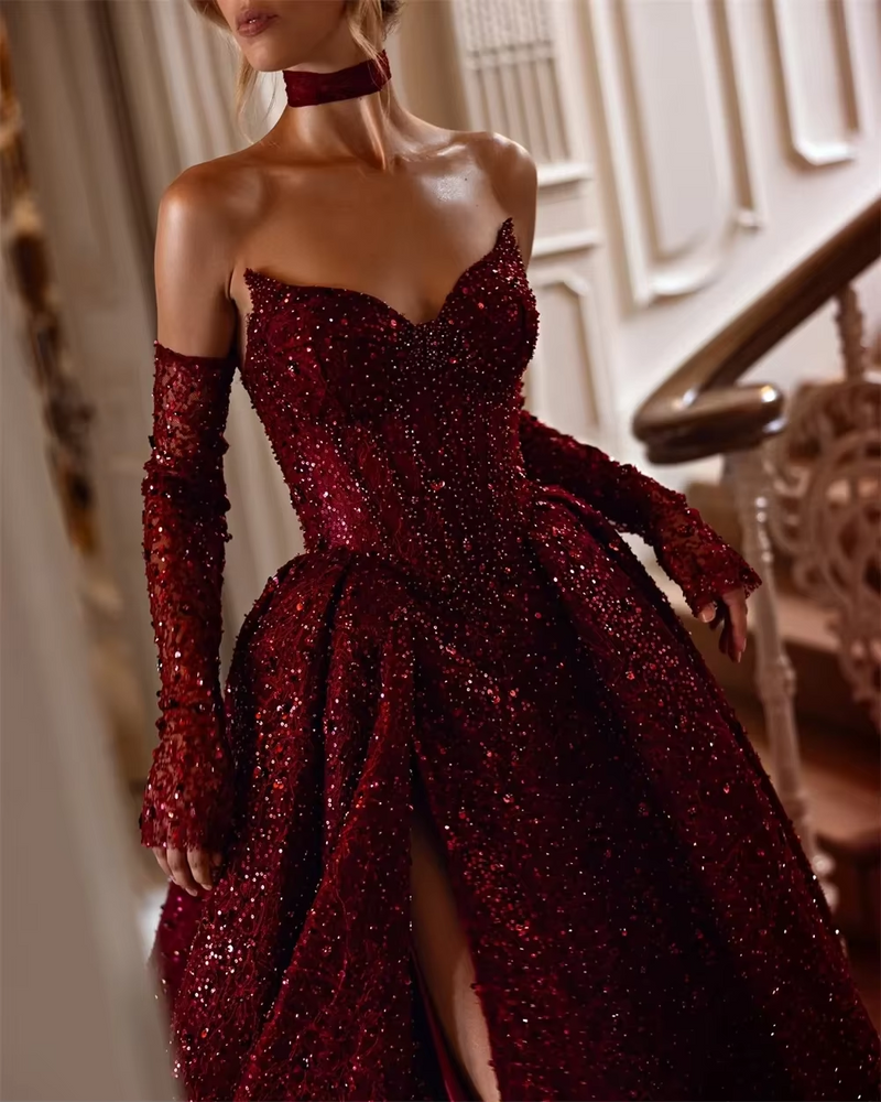 Luxury Burgundy Strapless A-line Princess Floor length Prom Dresses