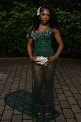 New Arrival Dark Green Sparkle Beads Mermaid Court Train Mermaid Prom Dresses-Ballbella