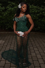 New Arrival Dark Green Sparkle Beads Mermaid Court Train Mermaid Prom Dresses-Ballbella