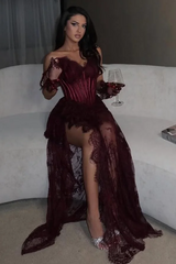 Off-The-Shoulder Lace Hot High Split Mermaid Prom Dresses-Ballbella