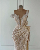 Off-The-Shoulder Silver Beads Cap Sleeves High Split Prom Dresses-Ballbella