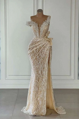Off-The-Shoulder Silver Beads Cap Sleeves High Split Prom Dresses-Ballbella
