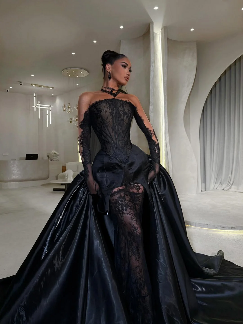 black lace dress with train Off-the-shoulder Bateau Neck Long Sleeves Pleated Prom Men's Size:11.5 US Jasmyn Hot Fix Maxi casual_styles line wedding dress