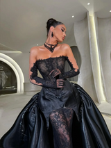 Off-the-shoulder Black Lace Bateau Neck Long Sleeves Pleated Prom Dress with Train