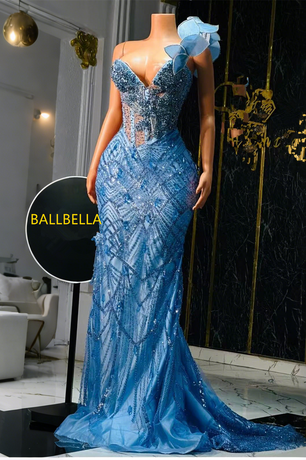 One shoulder Dusty blue Mermaid Court Train Sparkle Prom Dresses