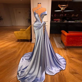 One shoudler Light Blue Sparkle A-line High Split Prom Dresses