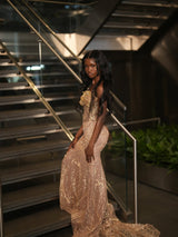 Pretty Gold Sweetheart Strapless Sleeveless Mermaid Prom Dresses Gem Column With Beads-Ballbella