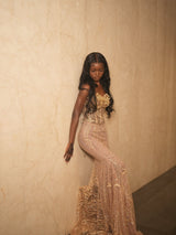 Pretty Gold Sweetheart Strapless Sleeveless Mermaid Prom Dresses Gem Column With Beads-Ballbella