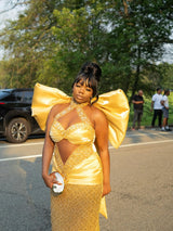 Pretty Yellow Halter Sweetheart Sleeveless Prom Dresses Sheath Gem With Bow Knot-Ballbella