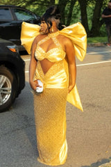 Pretty Yellow Halter Sweetheart Sleeveless Prom Dresses Sheath Gem With Bow Knot-Ballbella