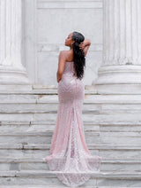 Romantic Strapless Sleeveless Mermaid Prom Dresses Column Gem With Lace-Up Back-Ballbella
