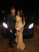 Romantic V-Neck Strapless Sleeveless Mermaid Prom Dresses Sheath Gem With High Split-Ballbella
