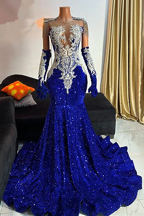 Royal blue sequin Sleeveless Gloves Silver Beaded Mermaid Prom Dresses
