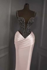 Silver Beads Deep V-neck Pleats Mermaid Sparkle Prom Dresses-Ballbella