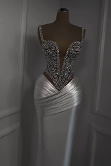 Silver Beads Deep V-neck Pleats Mermaid Sparkle Prom Dresses-Ballbella