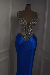 Silver Beads Deep V-neck Pleats Mermaid Sparkle Prom Dresses