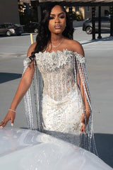 Sparkle Silver Off-the-shoulder Mermaid Court Train Tassels Prom Dresses-Ballbella