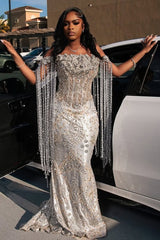 Sparkle Silver Off-the-shoulder Mermaid Court Train Tassels Prom Dresses-Ballbella