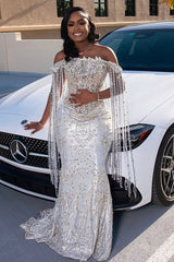 Sparkle Silver Off-the-shoulder Mermaid Court Train Tassels Prom Dresses-Ballbella