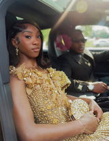 Sparkling Gold V-Neck Off-The-Shoulder Mermaid Prom Dresses Column Long Pearl With Beads-Ballbella