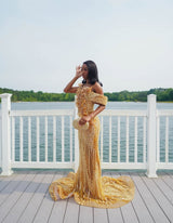 Sparkling Gold V-Neck Off-The-Shoulder Mermaid Prom Dresses Column Long Pearl With Beads-Ballbella