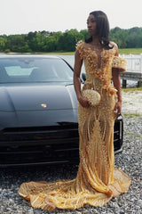 Sparkling Gold V-Neck Off-The-Shoulder Mermaid Prom Dresses Column Long Pearl With Beads-Ballbella