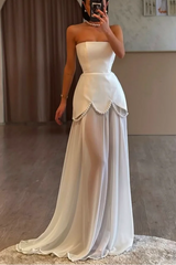 Strapless Unique Sleeveless Pearls A-line Floor length Prom Dresses