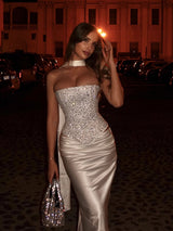 Strapless Sparkle Shiny Satin Mermaid Two-pieces Floor length Prom Dresses