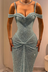 Straps Off-The-Shoulder Sparkle Sequin Column Pleats Long Prom Dresses-Ballbella